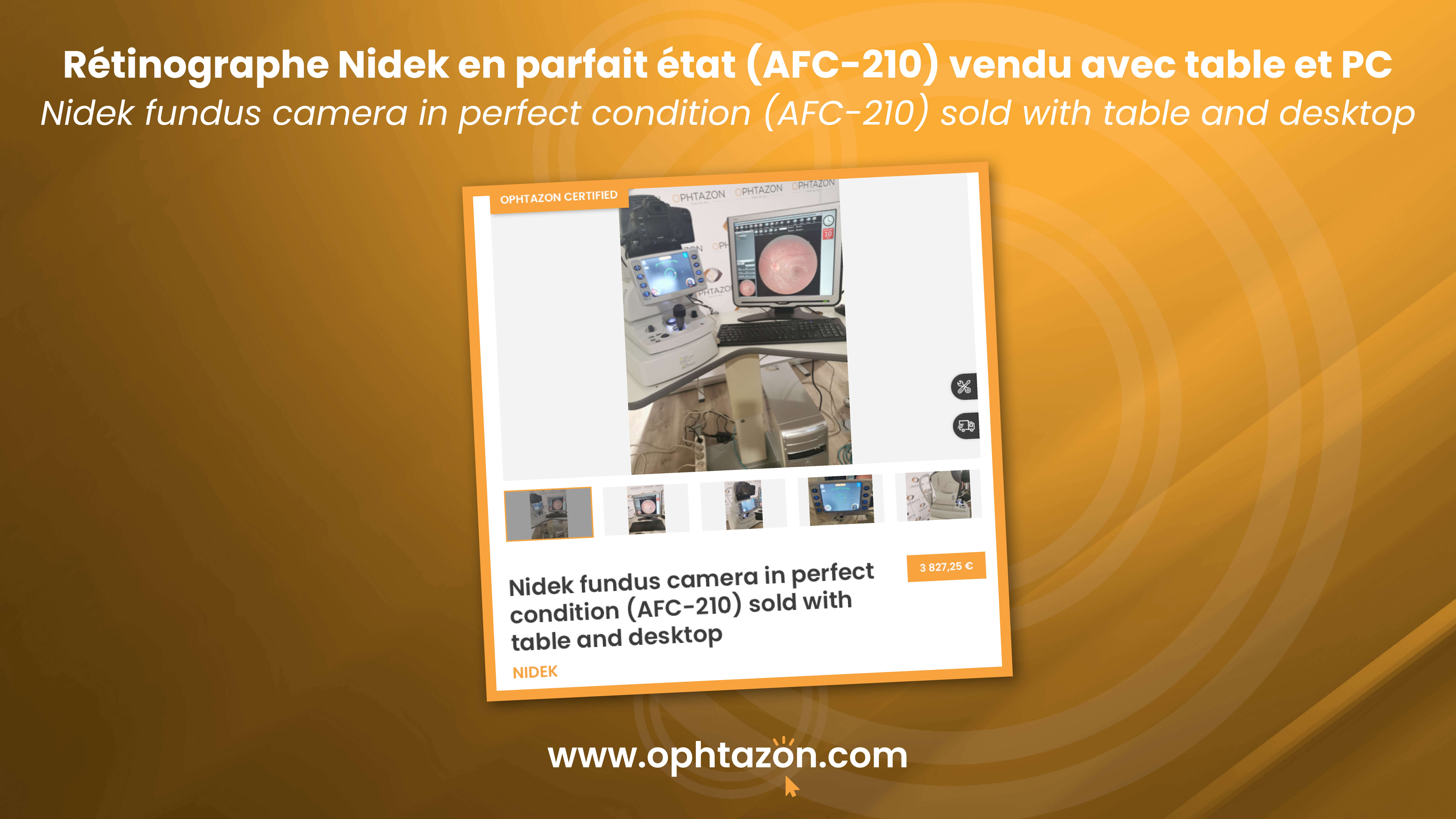 Le rétinographe Nidek en parfait état (AFC-210) vendu avec table et PC est disponible.